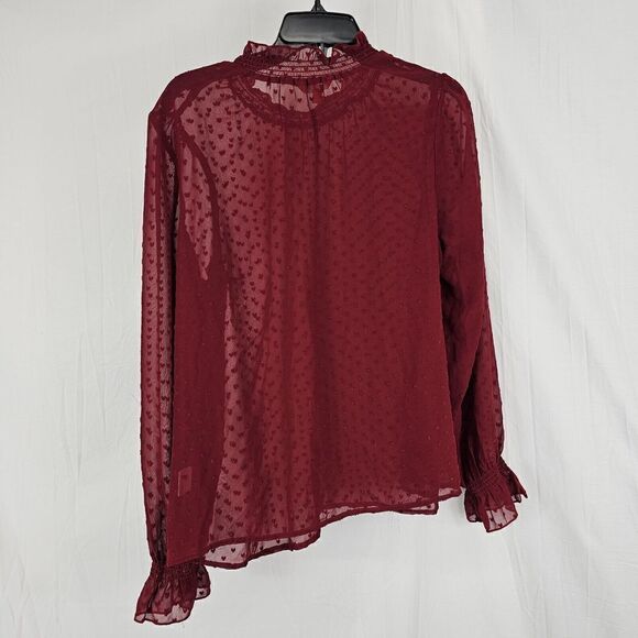 Modcloth Red Mock Neck Women's Size Large Shear Heart Print Long Sleeve Blouse - Picture 6 of 7